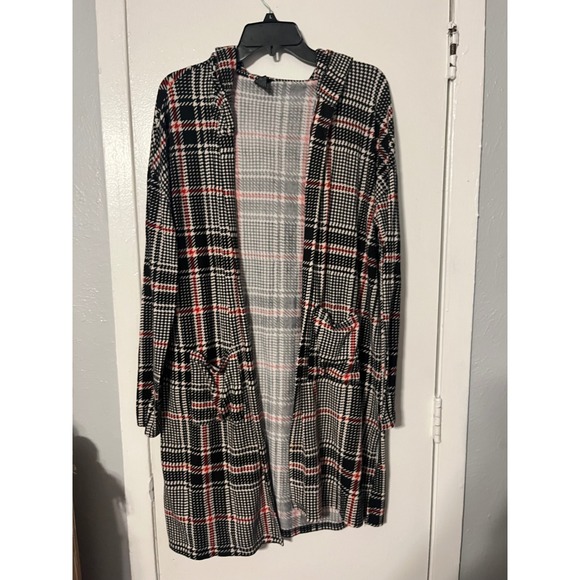 lildy Sweaters - Lildy Womens Plaid Hooded Cardigan Black White Red Open Front Longline L XL